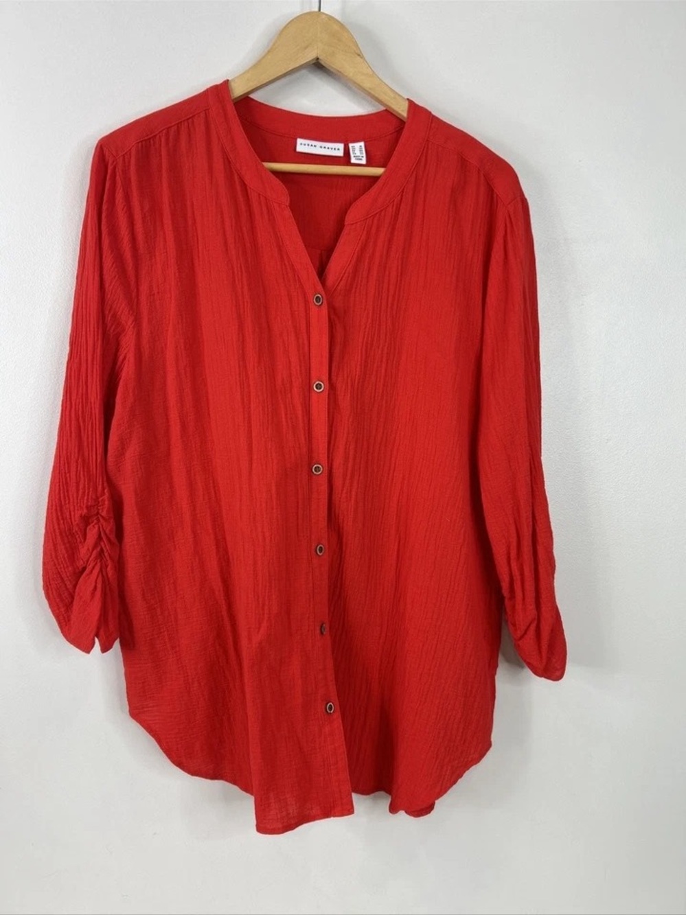Susan Graver Vibrant Red Button-Front Textured Shirt